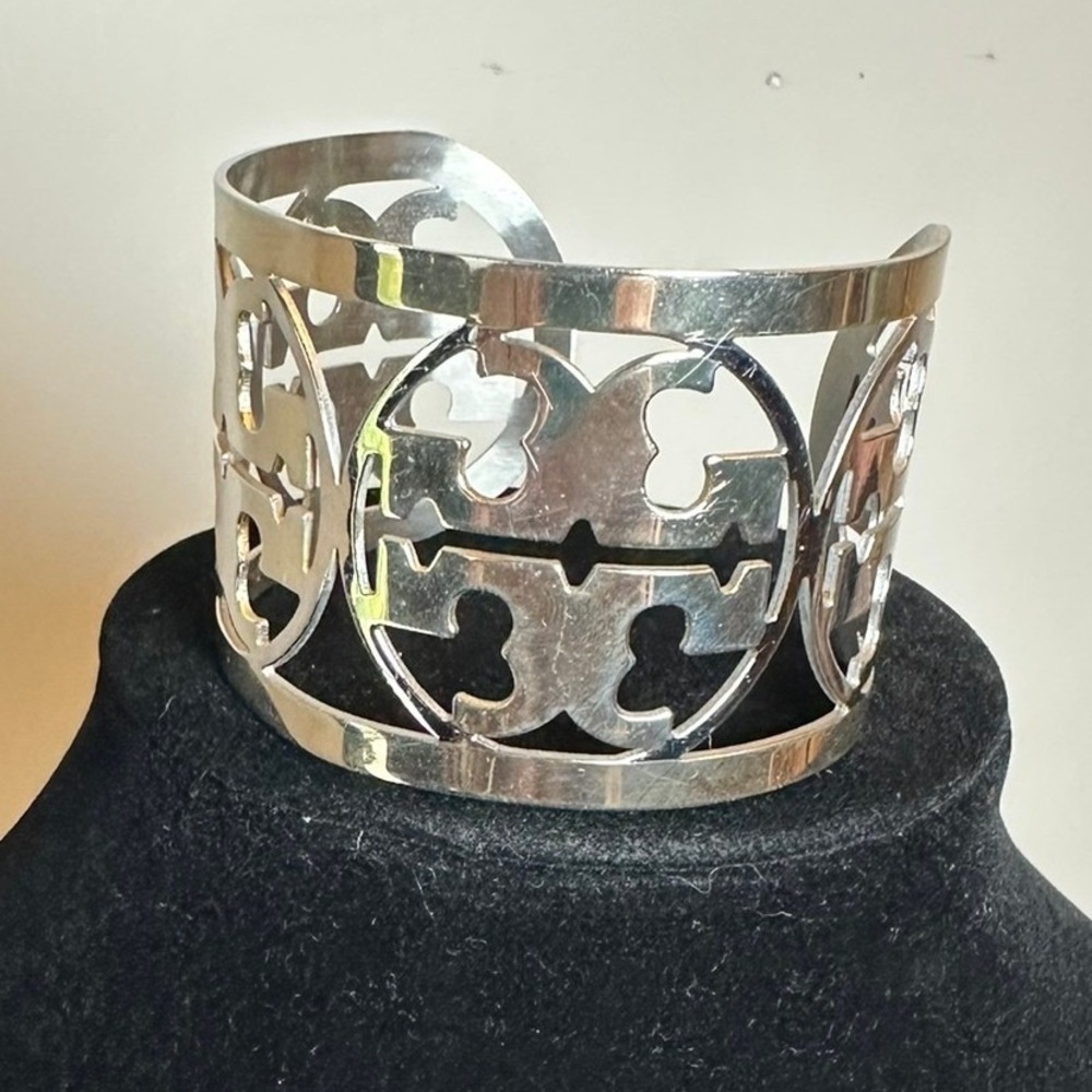 Tory Burch Reva Wide Logo Cutout Cuff Bracelet Silver